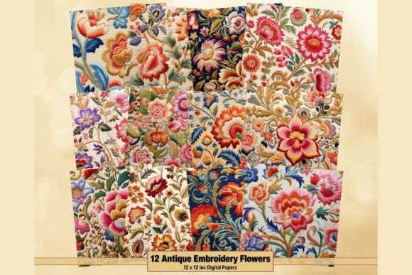 Vintage Embroidery Flowers Digital Paper