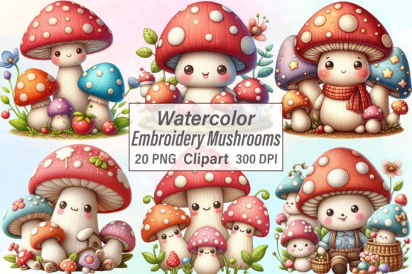 Watercolor Embroidery Mushrooms Clipart